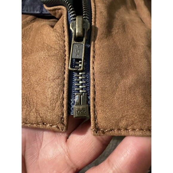 VTG Comint Brown Navy Blue Leather Coat Two Tone size L Color Block 80s hiking - Picture 6 of 14